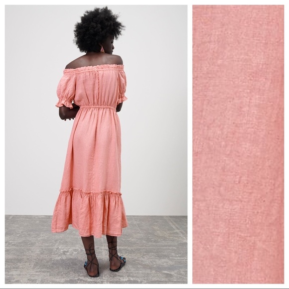 NWT. Zara Pink Linen Ruffled Cold Shoulders Midi Dress. Size S. - Picture 5 of 11